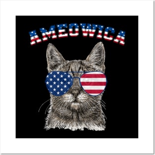 Ameowica Meow Cat American Flag 4th of July Patriotic Posters and Art